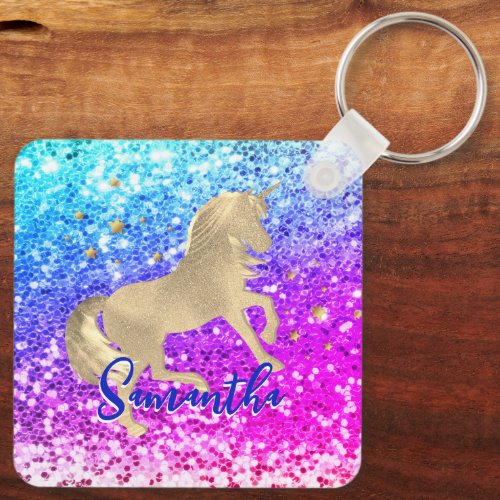 Cute unicorn pink Glitter rainbow gold monogram Keychain