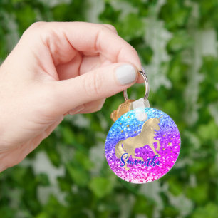 Cute unicorn pink Glitter rainbow gold monogram Keychain