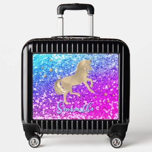 Cute unicorn pink Glitter rainbow gold monogram Luggage