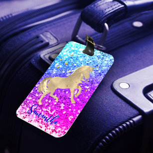 Cute unicorn pink Glitter rainbow gold monogram Luggage Tag