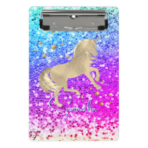 Cute unicorn pink Glitter rainbow gold monogram Mini Clipboard