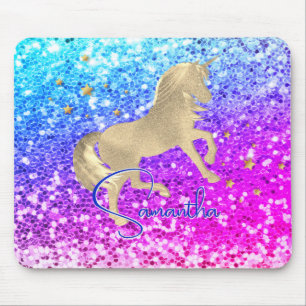 Cute unicorn pink Glitter rainbow gold monogram Mouse Pad