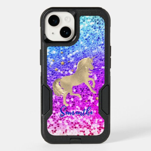 Cute unicorn pink Glitter rainbow gold monogram OtterBox iPhone 14 Case