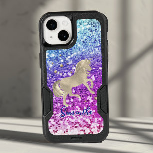 Cute unicorn pink Glitter rainbow gold monogram OtterBox iPhone 14 Case