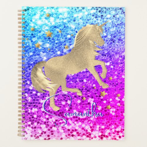 Cute unicorn pink Glitter rainbow gold monogram Planner