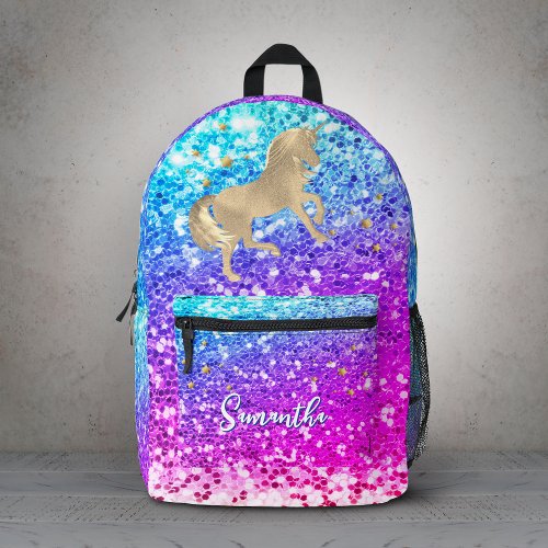 Cute unicorn pink Glitter rainbow gold monogram  Printed Backpack