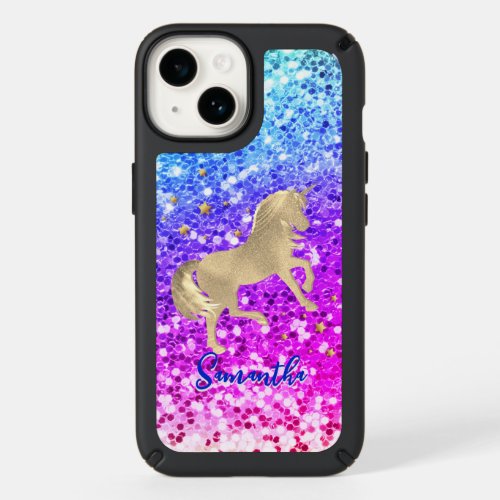 Cute unicorn pink Glitter rainbow gold monogram Speck iPhone 14 Case