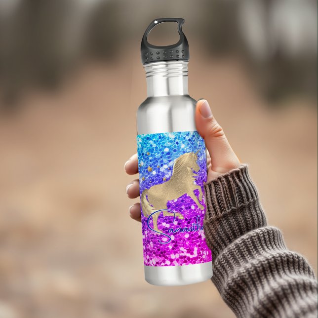 Cute unicorn pink Glitter rainbow gold monogram Stainless Steel Water Bottle (Creator Uploaded)