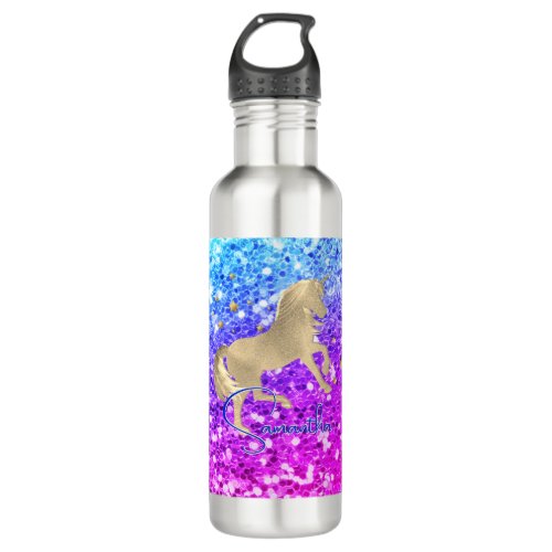 Cute unicorn pink Glitter rainbow gold monogram Stainless Steel Water Bottle