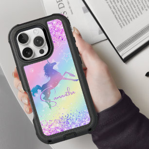 Cute unicorn pink Glitter rainbow monogram iPhone 16 Pro Case