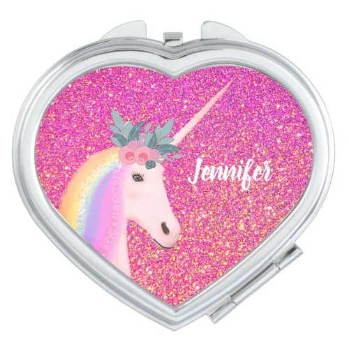 Cute Unicorn Pink Glitter Sparkle Personalized Compact Mirror