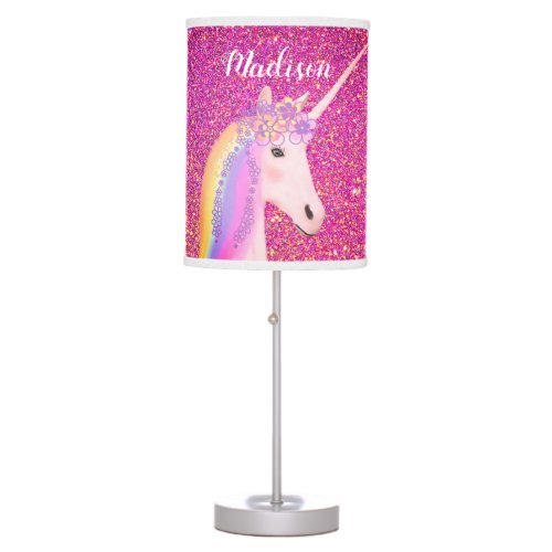 Cute Unicorn Pink Glitter Sparkle Personalized Table Lamp