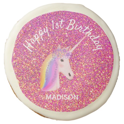 Cute Unicorn Pink Gold 1st Birthday Party Sugar Cookie