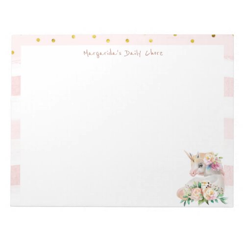 Cute Unicorn Pink Gold Glitter Girl Daily Chore Notepad
