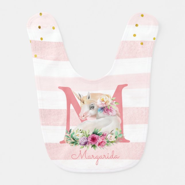 Cute Unicorn Pink Gold Glitter Monogram Girl Baby Bib (Front)