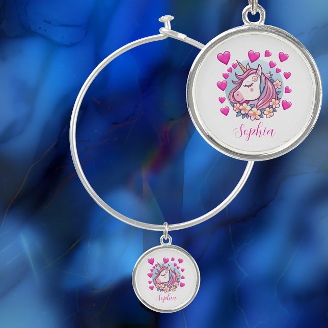 Cute Unicorn, Pink Hearts & Flowers, Custom Name Bangle Bracelet (Creator Uploaded)
