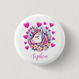 Cute Unicorn, Pink Hearts & Flowers, Custom Name Button