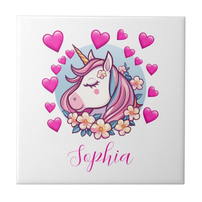 Cute Unicorn, Pink Hearts & Flowers, Custom Name Ceramic Tile (Front)