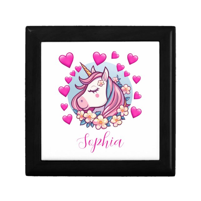 Cute Unicorn, Pink Hearts & Flowers, Custom Name Gift Box (Front)