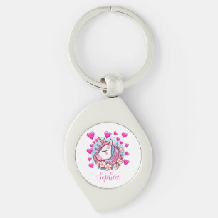 Cute Unicorn, Pink Hearts & Flowers, Custom Name Keychain