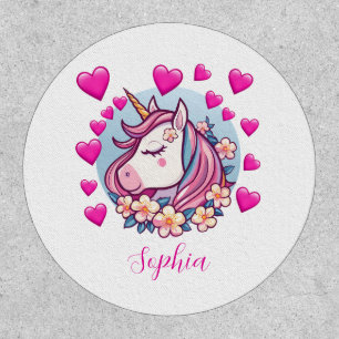 Cute Unicorn, Pink Hearts & Flowers, Custom Name Patch