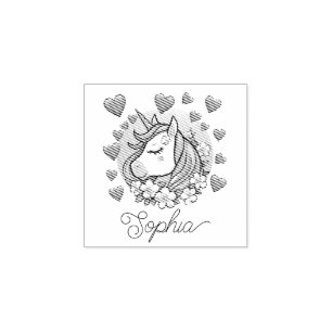 Cute Unicorn, Pink Hearts & Flowers, Custom Name Rubber Stamp