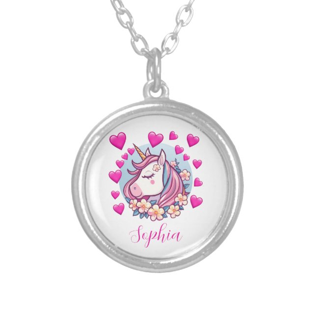 Cute Unicorn, Pink Hearts & Flowers, Custom Name Silver Plated Necklace (Front)