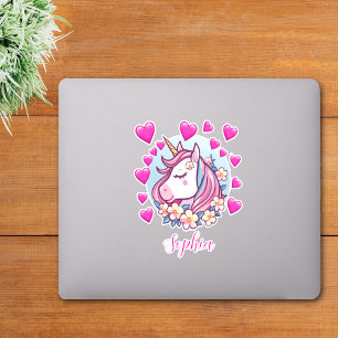 Cute Unicorn, Pink Hearts & Flowers, Custom Name Sticker