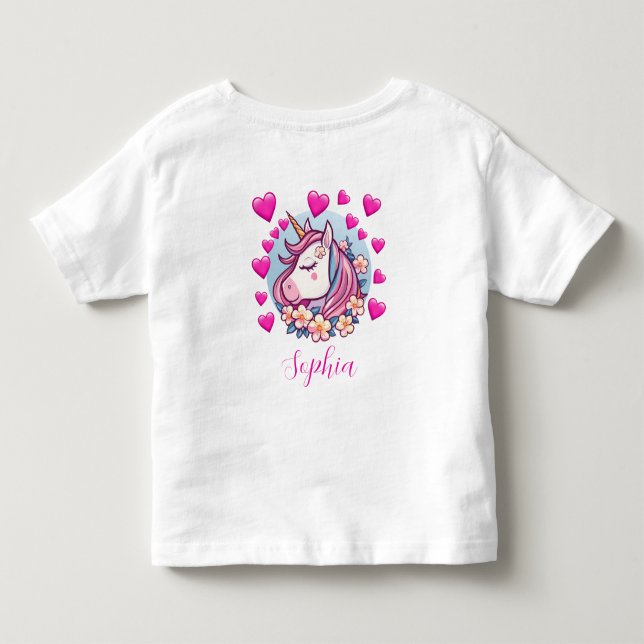 Cute Unicorn, Pink Hearts & Flowers, Custom Name Toddler T-shirt (Back)