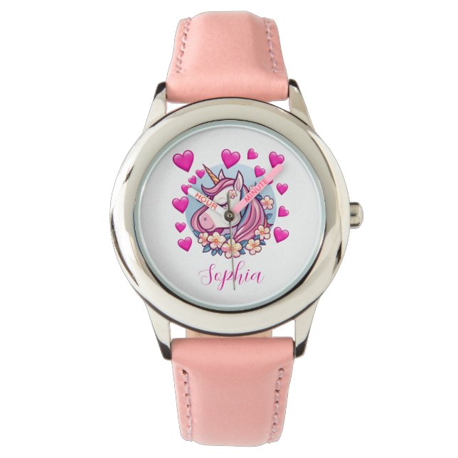 Cute Unicorn, Pink Hearts & Flowers, Custom Name Watch (Front)