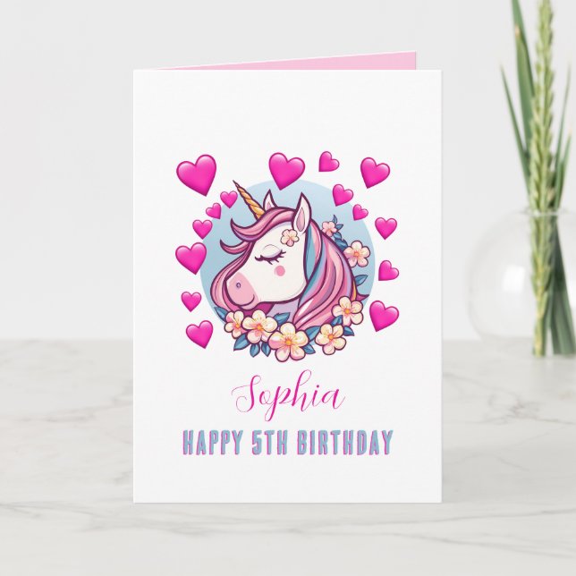 Cute Unicorn, Pink Hearts, Name Any Age Birthday Card (Front)