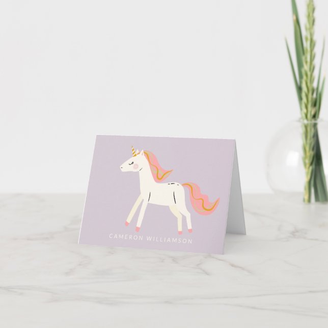 Cute Unicorn Pink Lilac Personalized Stationery Thank You Card (Front)