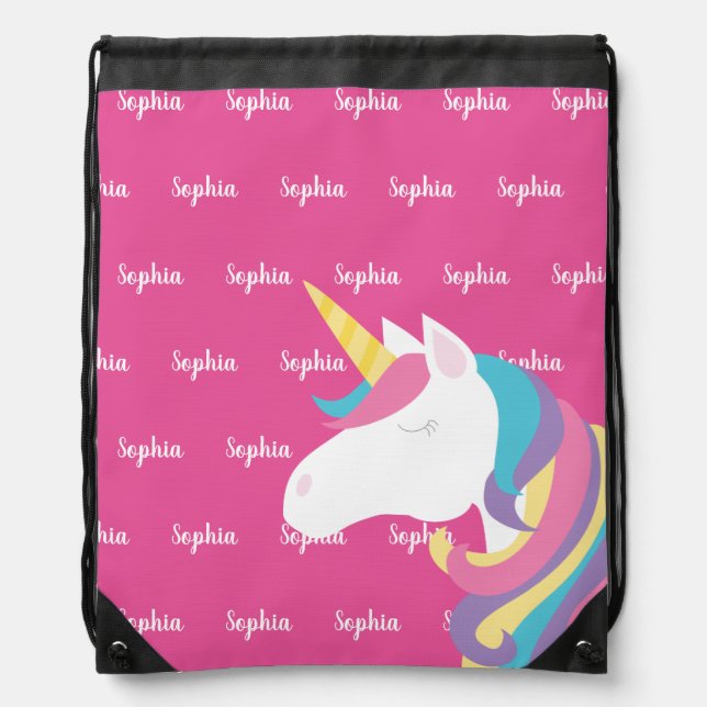 Cute Unicorn Pink Personalized Drawstring Bag (Front)