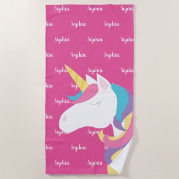Cute Unicorn Pink Personalized Kids Beach Towel by printcreekstudio at Zazzle