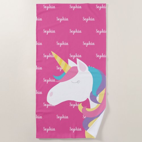 Cute Unicorn Pink Personalized Kids Beach Towel