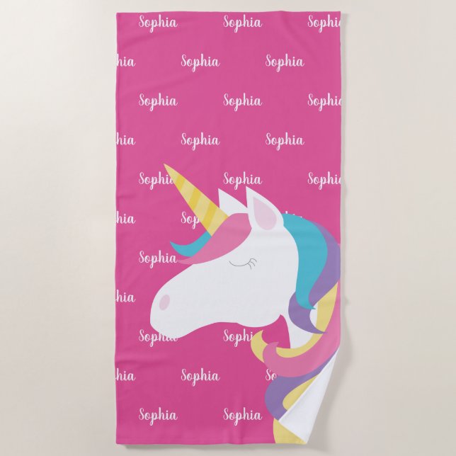Cute Unicorn Pink Personalized Kids Beach Towel (Front)