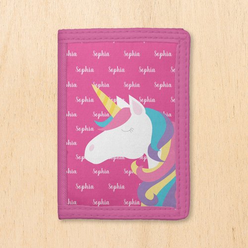 Cute Unicorn Pink Personalized Kids Name Trifold Wallet