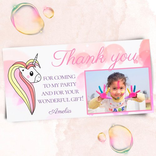Cute Unicorn Pink Photo Kids Birthday Thank You Card