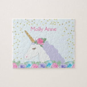 Cute Unicorn Pink & Purple Floral Gold Dots Name Jigsaw Puzzle