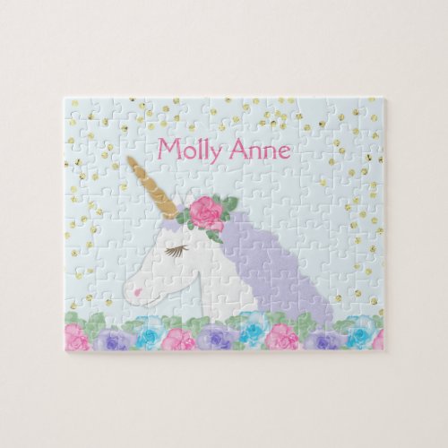 Cute Unicorn Pink  Purple Floral Gold Dots Name Jigsaw Puzzle