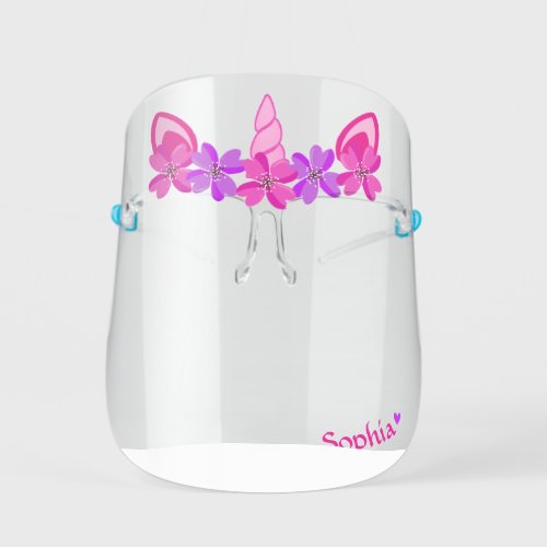 Cute Unicorn Pink  Purple Flowers Heart  Name Kids Face Shield