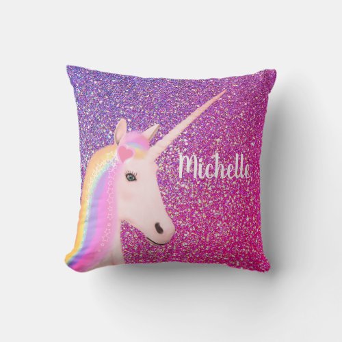 Cute Unicorn Pink Purple Glitter Ombre Sparkle Throw Pillow