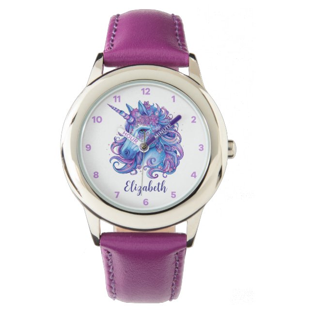 Cute Unicorn Pink & Purple Illustration Watch (Front)