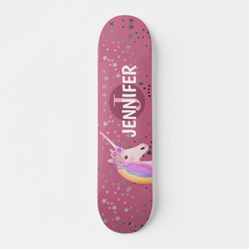 Cute Unicorn Pink Rose Fantasy Stars Personalized Skateboard