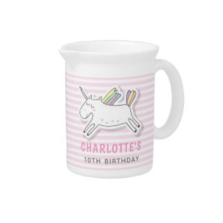 Cute Unicorn - Pink Striped Kids Birthday  Beverage Pitcher