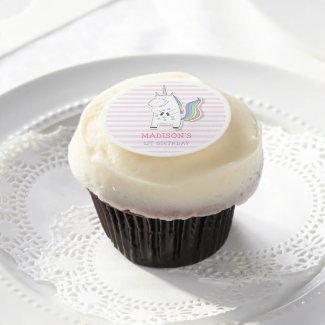 Cute Unicorn - Pink Striped Kids Birthday Edible Frosting Rounds