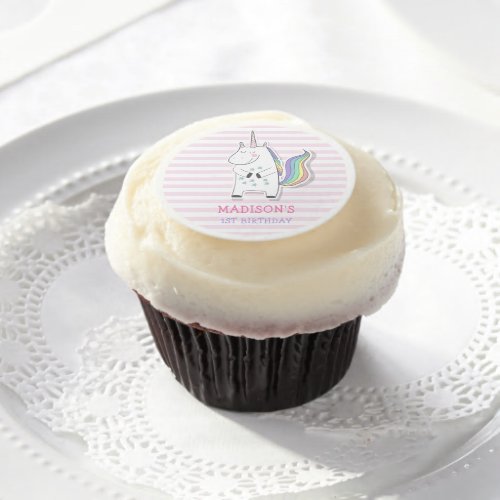 Cute Unicorn _ Pink Striped Kids Birthday Edible Frosting Rounds
