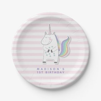 Cute Unicorn -  Pink Striped Kids Birthday Paper Plates