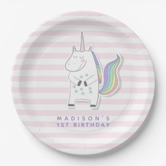 Cute Unicorn -  Pink Striped Kids Birthday Paper Plates