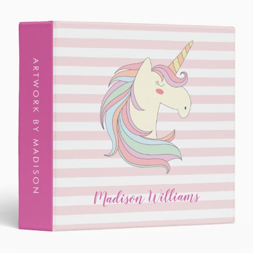 Cute Unicorn Pink Stripes Magical Pony Horse Girly 3 Ring Binder